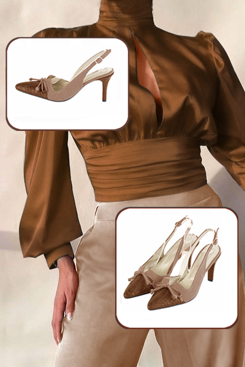Women's caramel brown and biscuit beige elegant slingback heels, with a bow on the front. Tapered toe. High slim heel - Top view